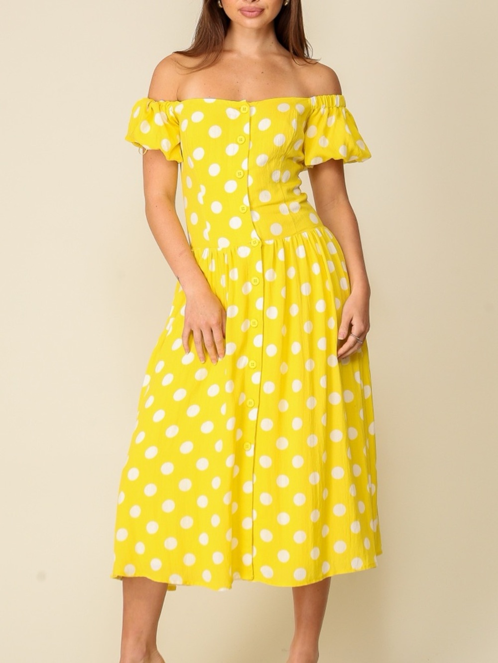 NWT Lumiere Yellow and White Polka Dot Off-Shoulder Midi Dress S